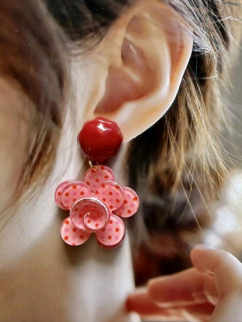 NEW! Chic Pink- Red Polka Dot Flower Drop Silver Accent Post Earrings